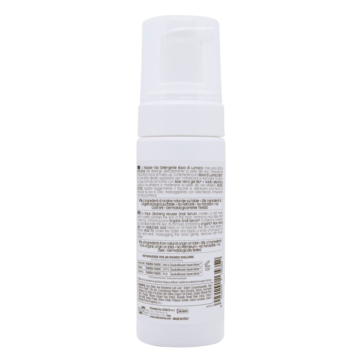 Naturaverde | BIO - Mousse Detergente Viso alla Bava di Lumaca, Mousse BIO, Mousse Detergente BIO, Mousse Detergente con Aloe Vera BIO e Acido Ialuronico, Certificata ICEA, Rinfrescante, 150ml