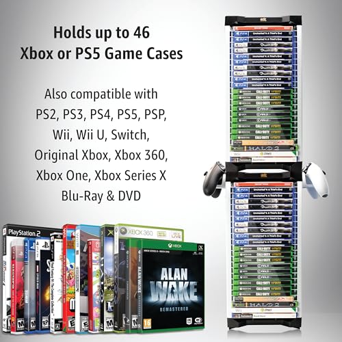 Adz ADZPS5-008 Universal Game Holder – 46 Game Storage Tower Rack For Ps2 Ps3 Ps4 Ps5 Psp Xbox 360 Xbox One Series X Wii Switch Games Dvd And Blu-Ray Disks. Includes 2 Controller Mounts thumb #2