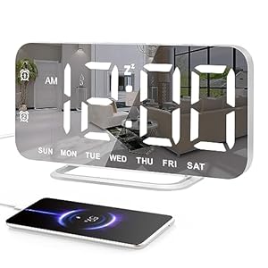 Super Slim LED Digital Alarm Clock, Mirror Surface for Makeup, with Diming Mode, 4 Levels Brightness, Large Display, Easy Setting, Dual USB Ports, Modern Decoration for Home, Bedroom Decor, White