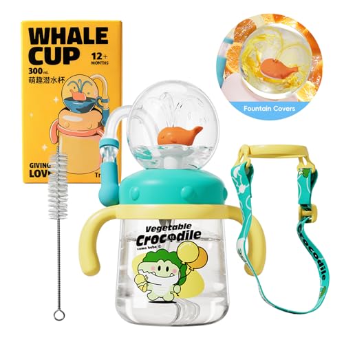 RUNSUNTUN Comobebe Whale Fountain Cup for Kids Toddlers: 10oz/300ml Spill Proof Toddler Sippy Straw Cup with Handle & Strap BPA-Free forsippy cups for toddlers 1-3 Kids Water Bottle (Green)