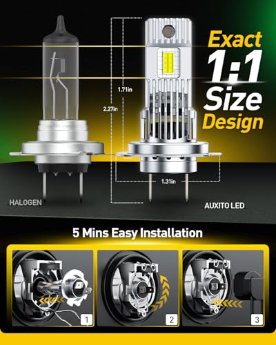 Image of AUXITO H7 Bulb - 1000% Brighter 6500K White, True 1:1 Halogen Mini Size, Direct Fit for H7 Automotive Fog Lights, Plug and Play Installation