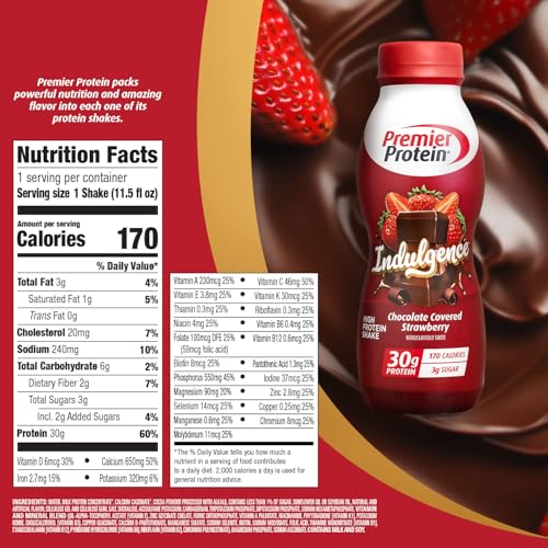 Premier Protein Indulgence Protein Shake, 30g Protein, 3g Sugar, Chocolate Covered Strawberry, 11.5 fl oz, Pack of 12 - Image 6