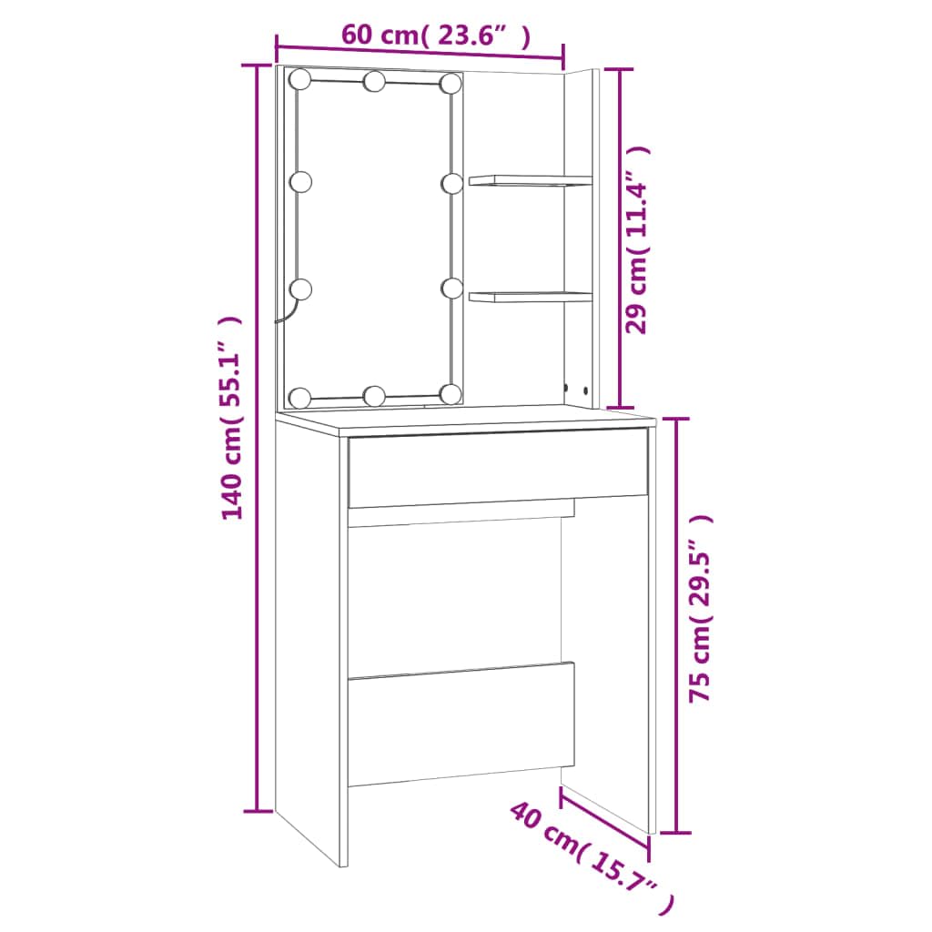 LED-Schminktisch mit Schrank Betongrau Holzwerkstoff 60x40x140 cm Frisiertisch Kosmetiktisch mit Spiegelkommode und Stauraum für Make-up und Kosmetik im Schlafzimmer oder Ankleidezimmer