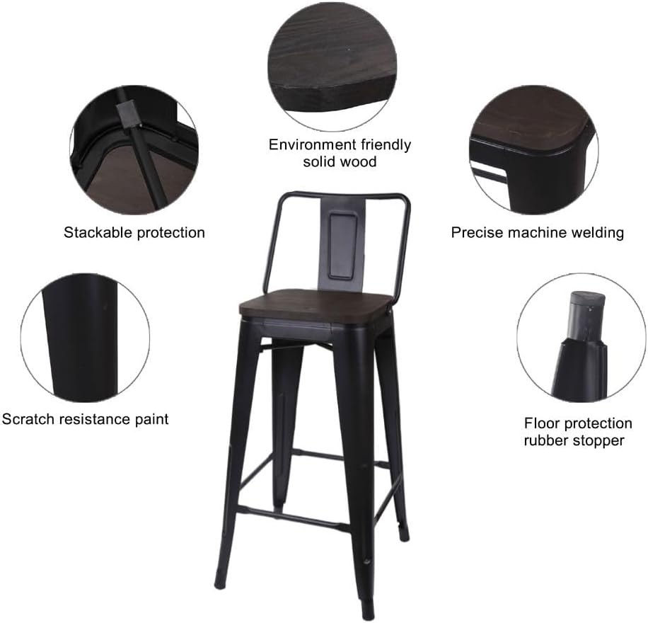 GIA 30-Inch Bar Height Middle Back Metal Stool Chair with Dark Wood Seat, Black, Set of 2