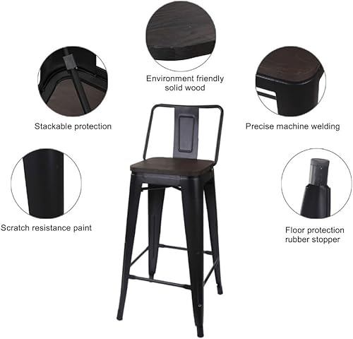 Miniatura 7 de GIA Taburete de metal con respaldo medio de 30 pulgadas de altura de barra con asiento de madera oscura, color negro, juego de 2 Negro -,Blanco