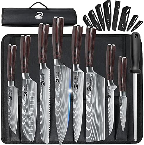 Dfito Chef Knife Sets with Roll Bag, 9 Pieces Professional Knife Set, High Carbon Stainless Steel Kitchen Chef Knife Set, Red Pakkawood Handle, Dishwasher Safe