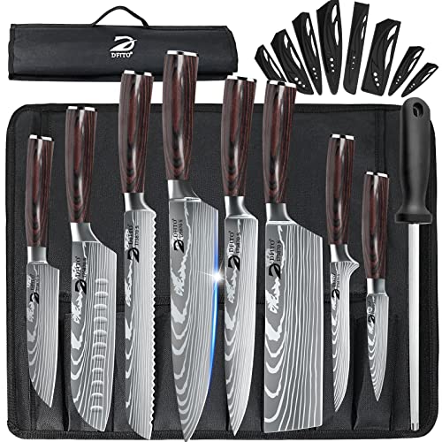 Comparison: Best Knives Set For Chefs 10 Dfito Chef Knife Sets with Roll Bag, 9 Pieces Professional Knife Set, High Carbon Stainless Steel Kitchen Chef Knife Set, Red Pakkawood Handle, Dishwasher Safe