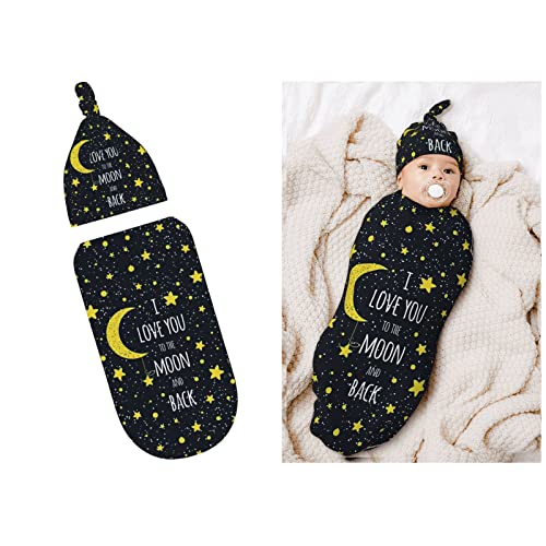 Image of I Love You to The Moon and Back Newborn Swaddle Blankets Hat Sets Soft Stretchy Star Space Baby Stuff Receiving Blanket Gifts for Infant Baby Boy Girl