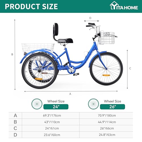 Image of YITAHOME 24 & 26 Inch Adult Tricycle, 1 & 7 Speed 3 Wheel Bikes, Large Seat with Backrest Trike for Adults with Front & Rear Baskets, Cruiser Bike for Seniors Women Men Commute Picnic Outdoor