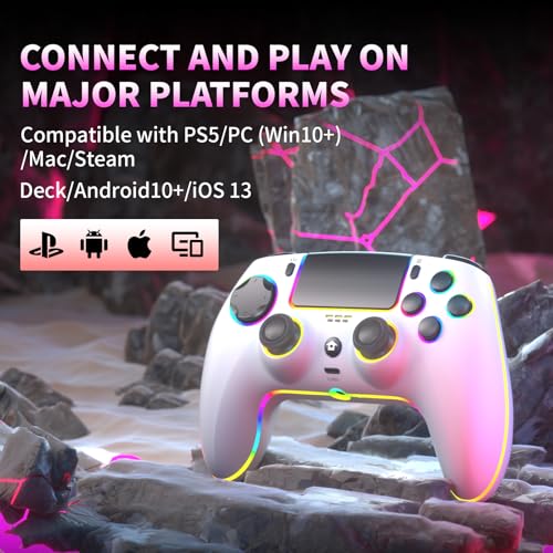 Image of SZDILONG Wireless Controller with 7 Colors RGB Light for PS5 Pro /Slim,MAC,iOS,Steam,PC Windows /Android 10 and Above,Support Hall Sticks /Turbo /Programmable /Dual Vibration, with 3.5mm Audio Jack, White