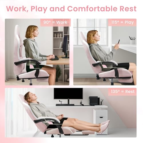 Image of N-GEN GAMING Video Gaming Chair Office Computer Desk Use Ergonomic Reclining Backrest Adjustable Armrests Lumbar Support Footrest High Density Foam Breathable Fabric Heavy Duty Base (Pink)