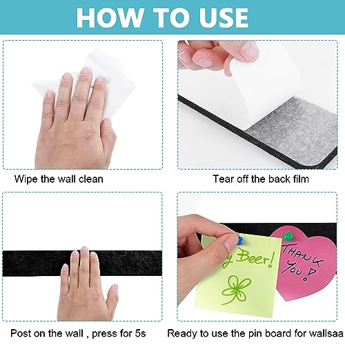 Image of Climberty 5 Pack Felt Bulletin Board, Vision Board Felt Message Board with 35pcs Drawing Pins, Self-Adhesive Lightweight Bulletin Board Strips for Paste Notes, Photos, Schedules (Black)