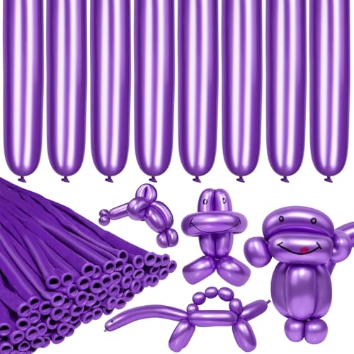 Image of LXZFCRG 260 Long Balloons, Shiny Metallic Latex Twisting Balloon for Balloon Animals, Magic Balloons for Birthdays Wedding Party Decorations 100pcs (Metallic Purple)