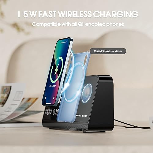 Miniatura 3 de Dekala Reloj despertador para adultos que duermen pesados, despertador ruidoso para dormitorios, reloj vibrador, carga inalámbrica de 15 W, radio