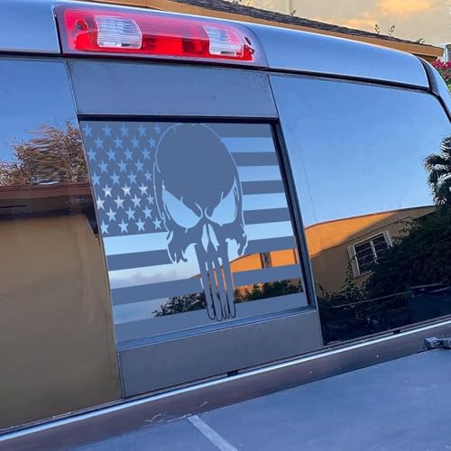 Image of for Ford F150 2015-2023 Rear Middle Window Skull American Flag Decal, Matte Black Skull American Flag Decal for Truck, Truck Aceessories