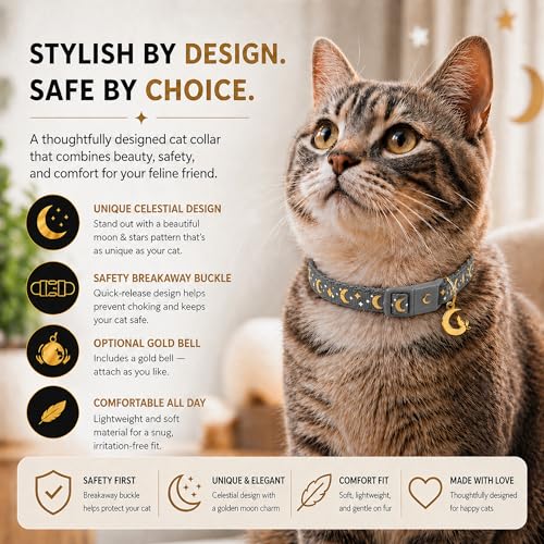 Image of waaag Cat Collar, Gold Moons and Stars Cat Collar, Safety Breakaway Cat Collar with Bell, Glow in the Dark (Kitten 6.5 inch-10 inch Neck, Grey)