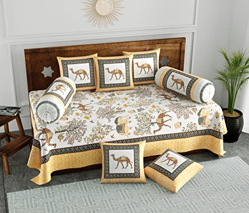 Image of BLOCKS OF INDIA 200Tc Diwan Set Cotton 8 Piece | Deewan Printed Bedsheet Sets For Living Room Hall (Set Of 8 Piece, 1-Bed Sheet | 2-Bolster Cover | 5-Cushion Cover (Color 12), Yellow
