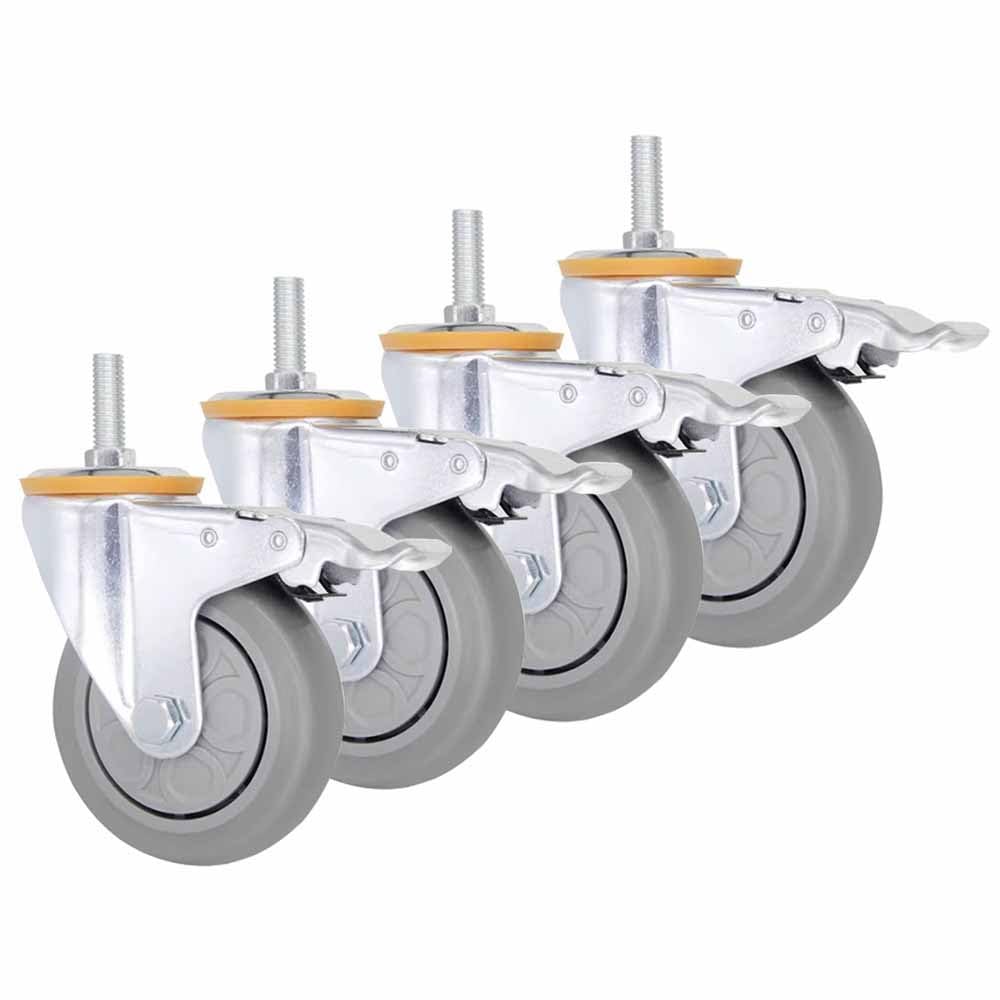75mm Lenkrollen mit Gewinde M14x30mm, 4pcs Universal Bremsrollen, Schwerlastrollen mit Verriegelung, Ersatz Gummiräder für Möbel, Trolley, Tragkraft 180kg