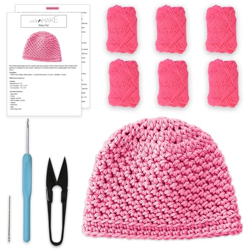 Image of picknMAKE DIY Crochet Set of Baby Beanie Hat Kit for Beginners Adult- Includes Pink Wool, 3mm Crochet Hook, Needle, Cutter & Step-by-Step Instructions