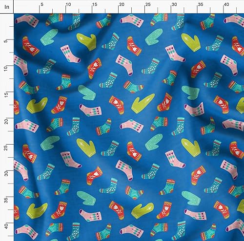 Image of Soimoi Blue Poly Georgette Fabric Socks & Gloves Folk Art Printed Craft Fabric by the Meter 52 Inch Wide