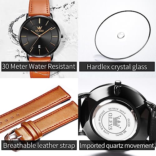 Image of OLEVS Mens Watches Minimalist Ultra Thin Fashion Casual Analog Quartz Date Watch Waterproof Slim Simple Big Face Dress Wrist Watch with Retro Leather Band for Men