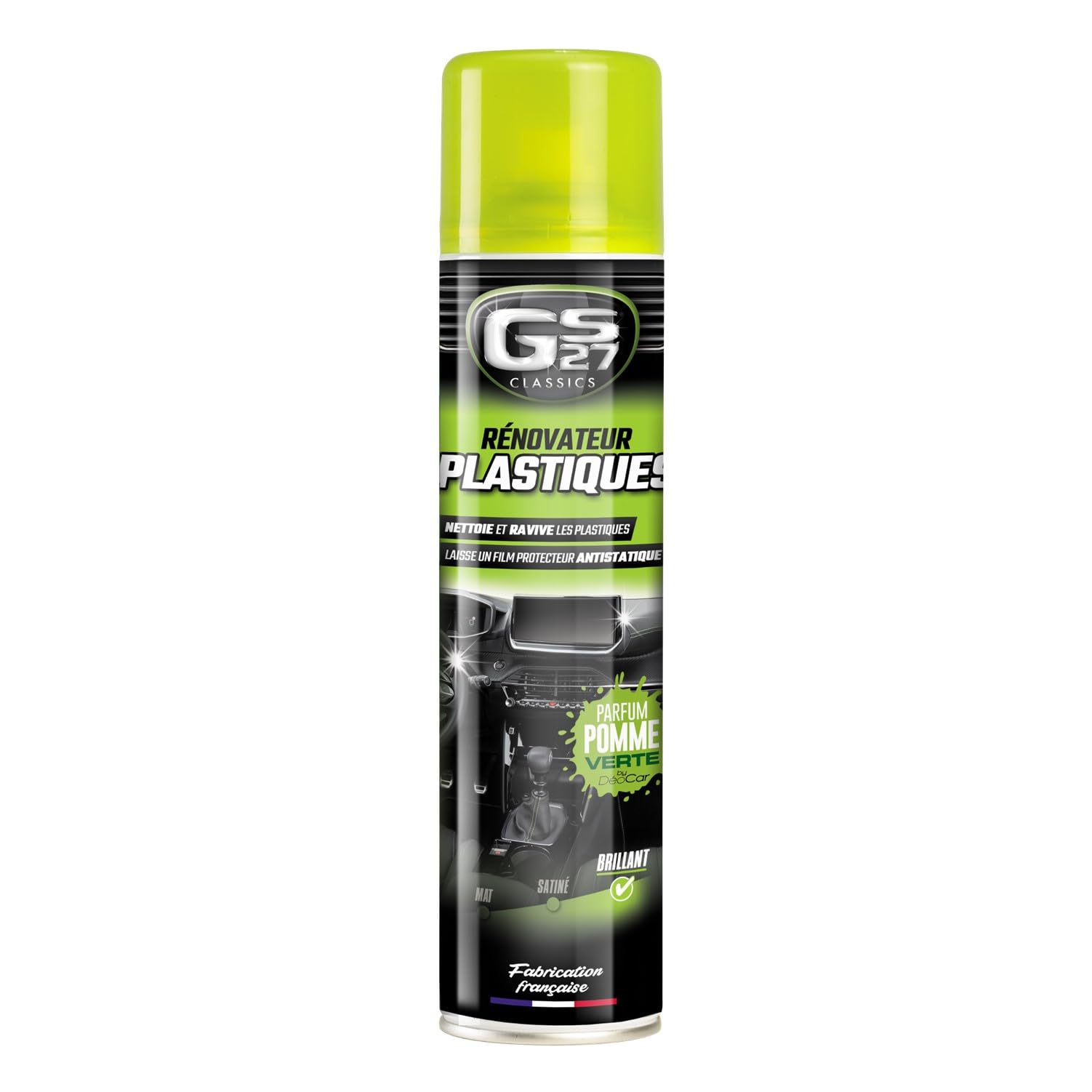 GS27 - Rénovateur Plastiques Voiture - Finition Brillante - Parfum Pomme Verte - Spray 400 ML