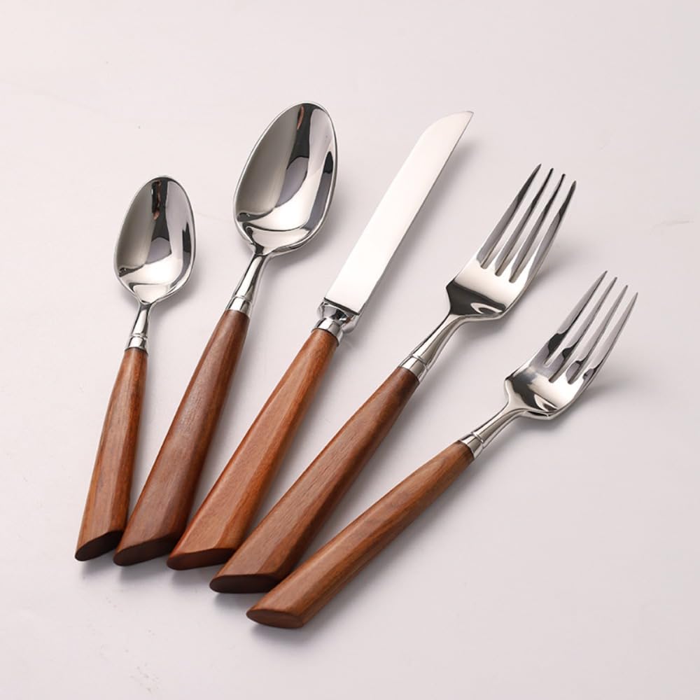 Rosso Cannella Legno Manico Cucina Acciaio Inox Argenteria Stoviglie Posate Set Bistecca Coltello Forchetta Cucchiaio Cucchiaino (Argento,5 pezzi)