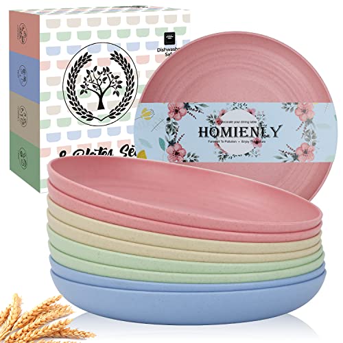 Image of Homienly Unbreakable Deep Dinner Plates Wheat Straw Plates Sets Microwave and Dishwasher Safe Plastic Plates for Kitchen, Camping, Picnic, 8 PCS Lightweight Plate for Dessert (Fresh Light, 10 inch)