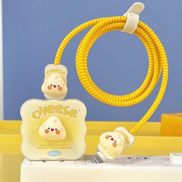 Image of Compatible with iPhone Cute Cat Charger Case Cover | Cartoon Character Silicone Charger Case Cover for 18-20W 360 Degree Full Protection Cover (Cheese Yellow)