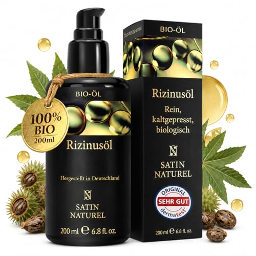 Satin Naturel Rizinusöl Kaltgepresst & BIO 200ml 100% Reines Castor Oil - Haaröl & Gesichtsöl - Für Wimpern Augenbrauen Haare Bart Nägel - Haarwachstum - Vegan & Cruelty Free Naturkosmetik