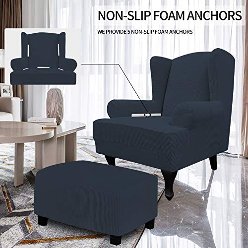 Image of Easy-Going Stretch Large Wingback Chair Sofa Slipcover Dark Blue | 1-Piece Sofa Cover Furniture Protector Couch Soft with Elastic Bottom, Spandex Jacquard Fabric Small Checks