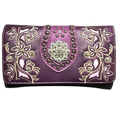 Justin West Floral Embroidery Studded Silver Rhinestone Concho Wristlet Trifold Wallet Attachable Long Strap
