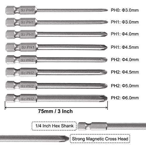 Image of Saiper 8pcs Magnetic Phillips Screwdriver Set Bits 75mm / 3-Inch Length | 1 /4 Inch Hex Shank Cross Head Screw Driver Bit S2 Steel PH0 /PH1 /PH2