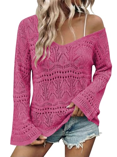 Image of Cakulo Womens Summer Crochet Tops Boho Off Shoulder Sweaters Lightweight V Neck Loose Vacation Resort Wear 2026