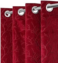 Luxury Velvet Blackout Curtains Embossed Foil Leaf Pattern, Thermal Insulated Window Drapes with Grommet Top for Bedroom & Living Room Door 7 Feet (Red, 2 Pieces)