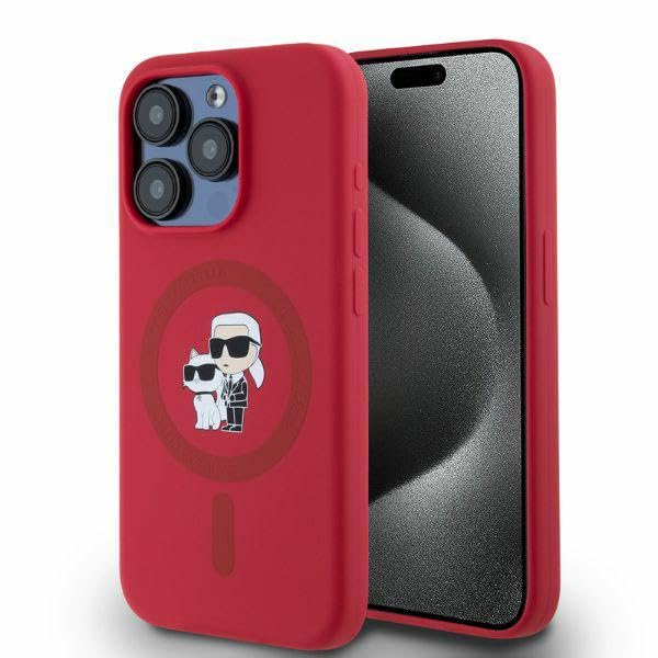 CG Mobile Karl Lagerfeld KLHMP15LSCMKCRHR Coque de Protection pour iPhone 15 Pro 6,1" Rouge Coque Rigide en Silicone avec Anneau tĂŞte Karl & Choupette