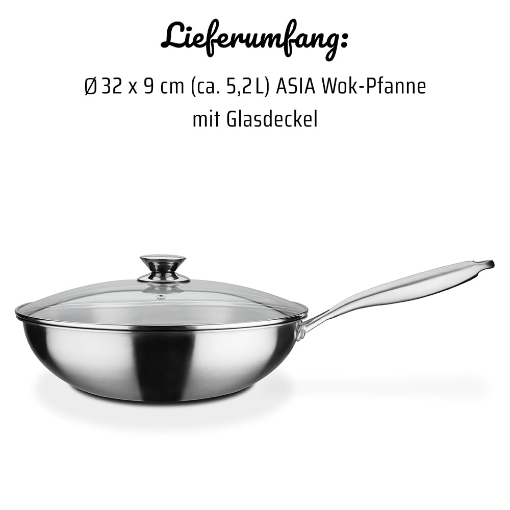 GSW 868402 Wok-Pfanne Asia mit Glasdeckel- ⌀32 cm, Silber