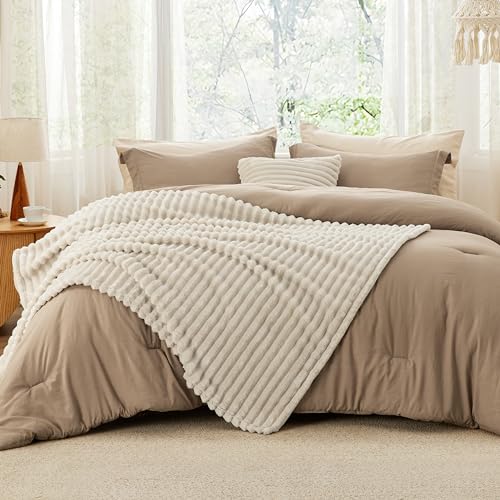 Bedsure Comforter Full Size 5 Pieces - Full Size Comforter Set with Fleece Throw Blanket and Decorative Pillow, Lightweiget Bedding Comforter Sets, All Season Bedding Sets, Khaki