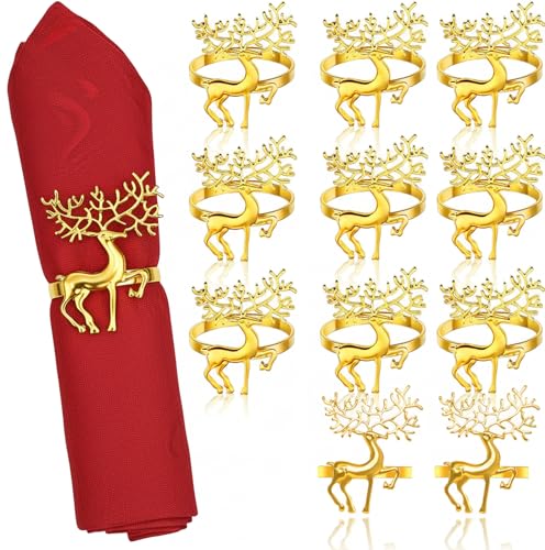 12 Pcs Christmas Napkin Rings Reindeer Napkin Buckle Rings Gold Elk Xmas Parties Elegant Family Dinners Holiday Table Decor Weddings, and Thanksgiving Dining Table Christmas Decorations