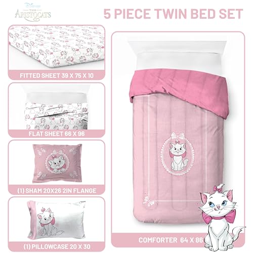 Image of Disney Aristocats Marie Twin Comforter Set 5 Piece Kids Bedding, Pink | Bed in a Bag, Comforter Sheets Sham Pillowcase, Official Brand, Soft Microfiber, Machine Washable, Easy Care, Girls Gift
