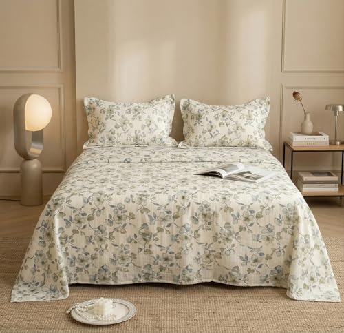 Image of VAS COLLECTIONS King Size Bedsheet Set Cloud Cotton 270x240 cm | Soft Breathable Flat Bed Sheet with 2 Pillow Covers |Floral Printed Bedsheet for King Bed | Durable Bedding Set, Sage Green