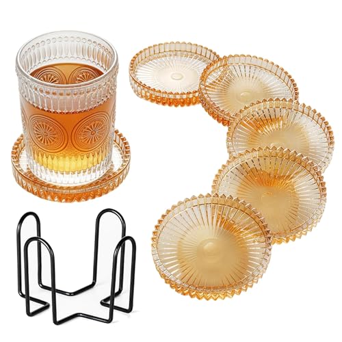 Champagne Modern Clear Coaster 6-Pack Glass Coasters for Drinks with Holder