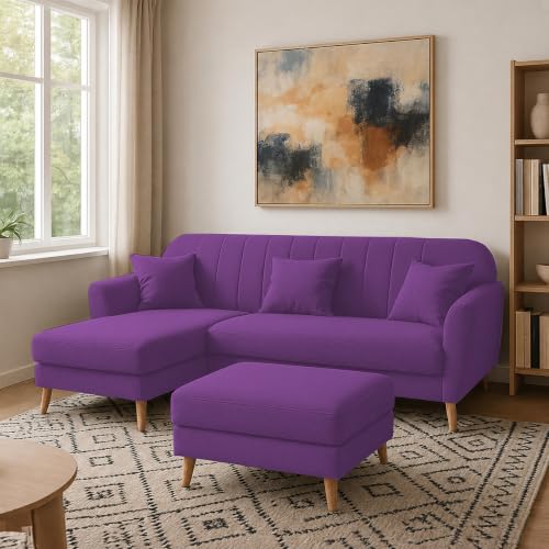 Image of Atticus LHS 4 Seater L Shape Sofa Set with Ottoman for Living Room (Purple Fabric) Premium Fabric Sofa Set