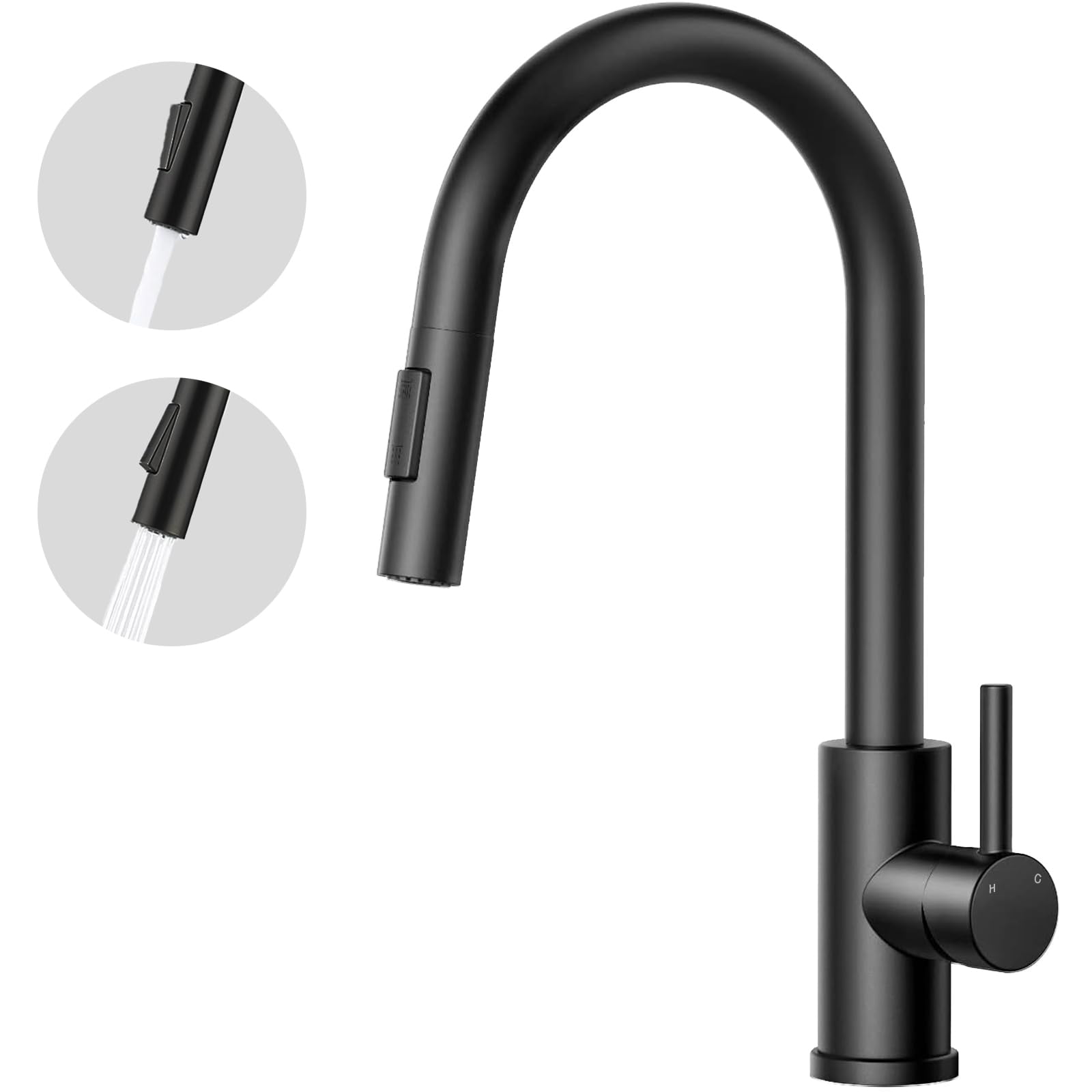Aica Grifo de cocina, grifo de cocina, negro, extensible, giratorio 360°, grifo mezclador de alta presión con manguera flexible de 27 pulgadas, grifo monomando para fregadero de cocina
