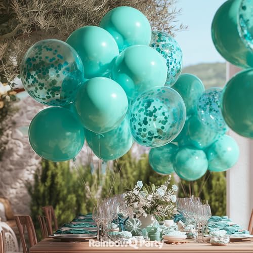 Image of Teal Latex Balloons: 55Pcs 12 inch Turquoise Confetti Party Balloons Helium Aqua Blue Latex Balloon Ribbons for Birthday Anniversary Gender Reveal Graduation Wedding Decoration