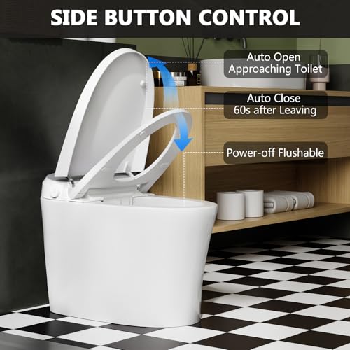 Smart Toilet, Luxury Smart Bidet Toilet with Foot Sensor Operation, Heated Bidet Seat, Led Light, Dual Auto Flush, Auto Open/Close Modern Elongated Toilet with Remote Control for Bathroom