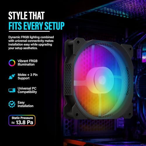 Image of Geonix Luma 120mm FRGB Cabinet Cooling Fan | Hydraulic Bearing | 1100 RPM | Molex + 3 Pin Connector | 9 Blade High Airflow PC Fan | Black