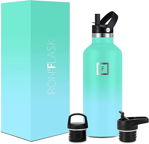 IRON FLASK - Botella de agua deportiva de 32 onzas líquidas, 3 tapas (tapa de pajilla), a prueba de fugas, acero inoxidable aislado al vacío, se