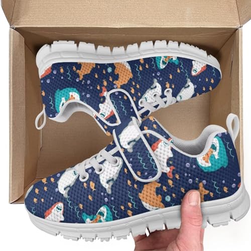 Boys Sneakers Kids Running Shoes Girls Mesh Fitness Shoe Indoor Training Sneaker Lightweight Outdoor Sports Athletic Tennis Shoes for Little Kid/Big Kid Cartoon Shark Pattern（White Sole）2