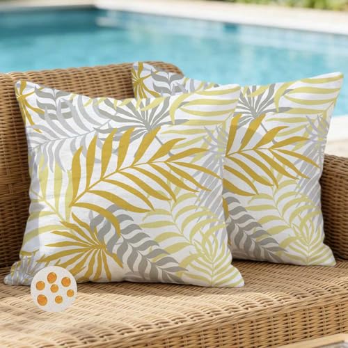 Avalune Housse de Coussin Canapé 40 x 40 Exterieur Impermeabl Jaune et Gris Feuilles Tropicales Housse Coussin Décoratif Taie d'oreiller pour Chambre Sofa...